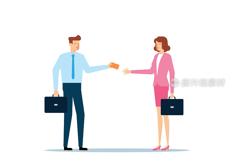 Businessman and Businesswoman Exchanging Business Card
